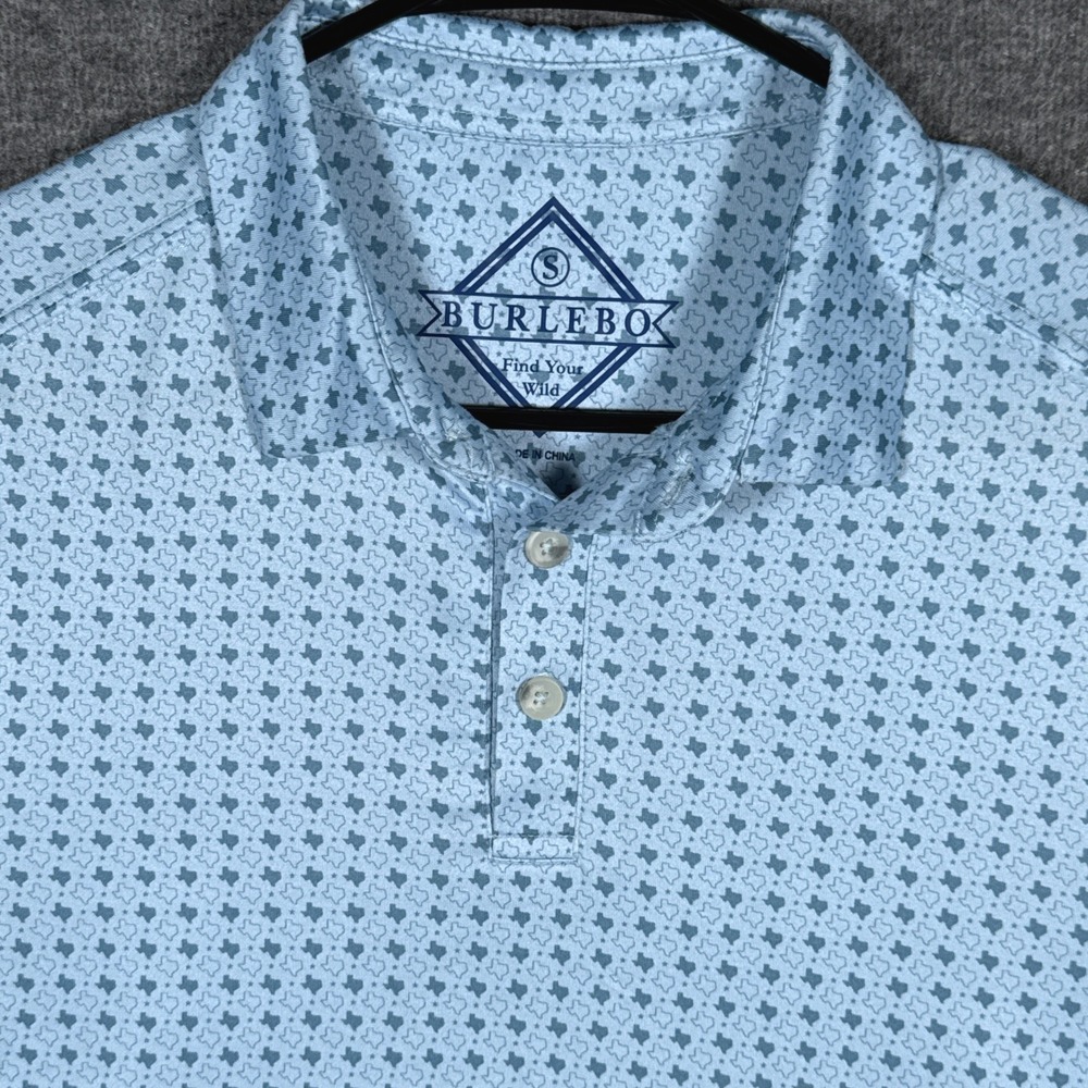 Burlebo Polo Shirt Mens Small Blue Texas AOP Short‎ Sleeve Stretch Performance